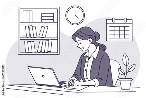 Woman working at a desk with laptop, books, and calendar in a home office setup during the day