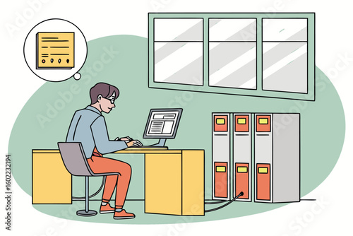 Working at a desk with a computer while organizing files in a bright and modern office space in the afternoon