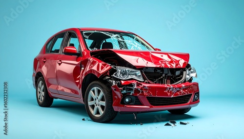 Damaged red car on a light blue background (2)
