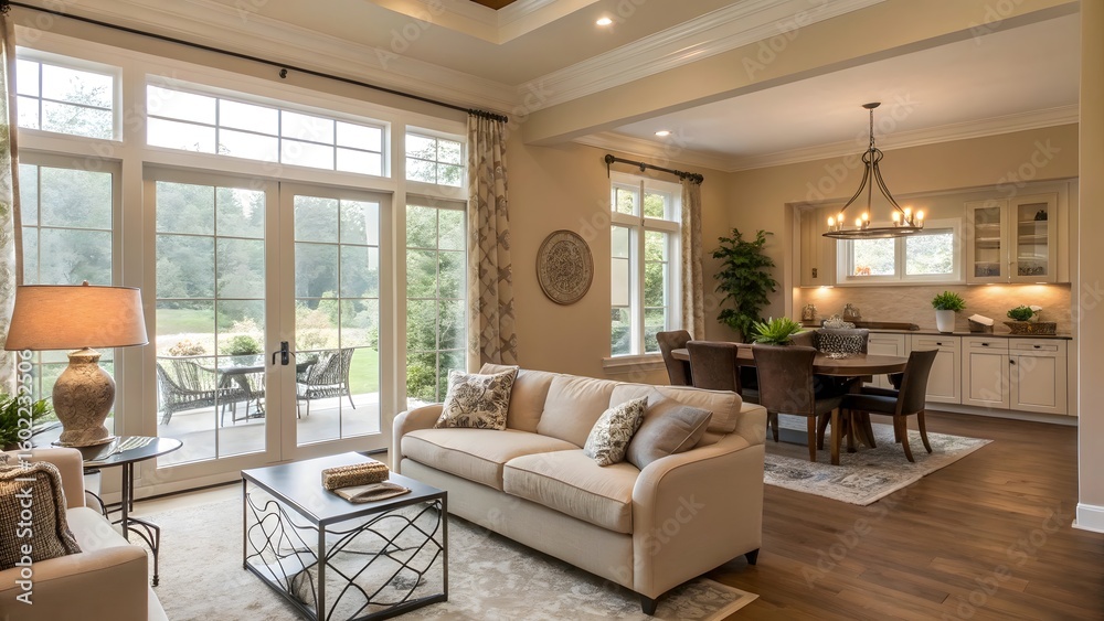 Fototapeta premium Bright and Airy Living Room with Large Windows, Comfortable Seating and Dining Area Design