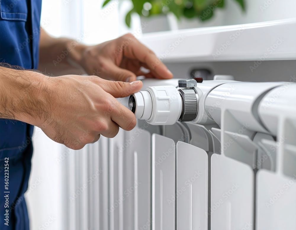 Obraz premium Close-up of hands installing or adjusting a radiator valve. Central heating system maintenance in a modern interior. Generated image