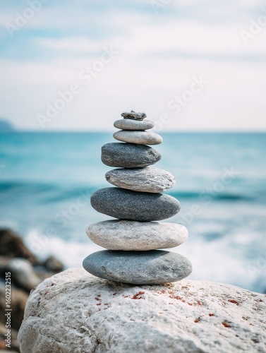 A carefully balanced stack of grey and white stones rests on a larger rock, overlooking a tranquil blue sea under a bright sky