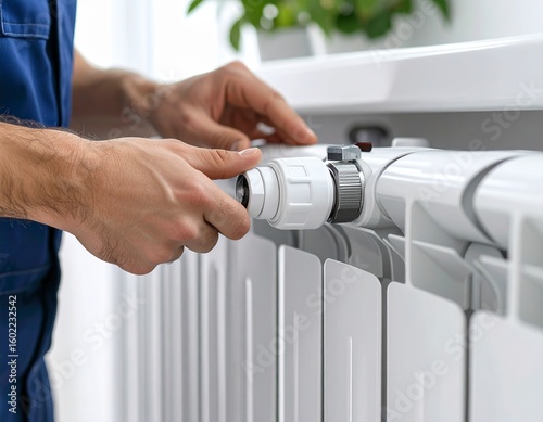 Close-up of hands installing or adjusting a radiator valve. Central heating system maintenance in a modern interior. Generated image