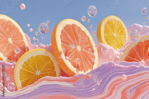 Colorful Citrus Slices with Bubbles on a Soft Background Design