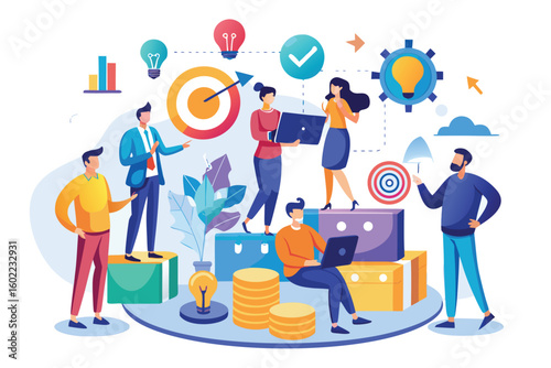 Professionals collaborating on creative project ideas in a vibrant office environment with modern tools and visual aids to enhance productivity and innovation