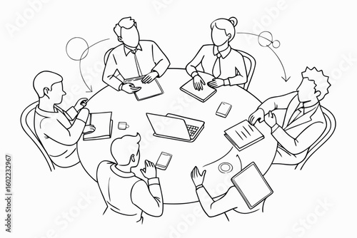 Group of professionals engaged in a collaborative meeting at a round table discussing strategies and sharing ideas in a modern office environment