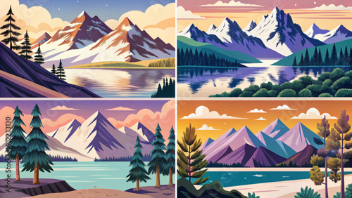 illustration set of Snow covered Andes mountains and lake and pine trees