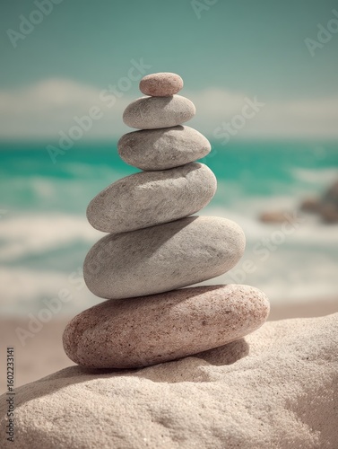 A carefully balanced stack of smooth, grey and pink stones rests on a sandy beach, with a blurred turquoise ocean and sky in the background.  The image evokes tranquility and balance