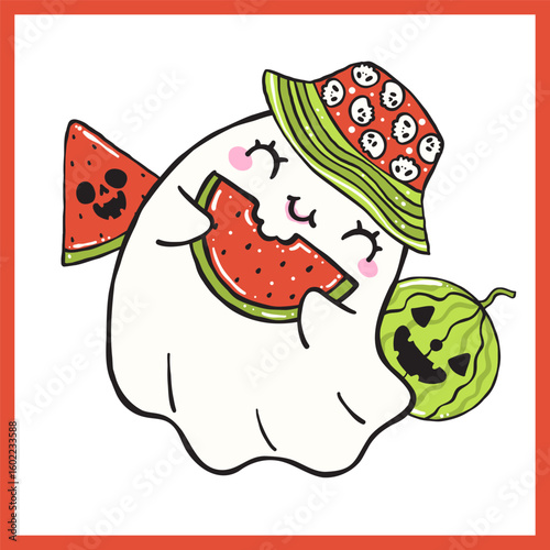 Cute Summerween ghost sheet with watermelon doodle hand drawn printable for t shirt sublimation and sticker