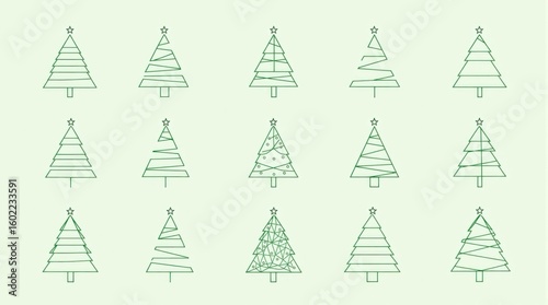 Fifteen minimalist green outline Christmas trees stand on a light green background