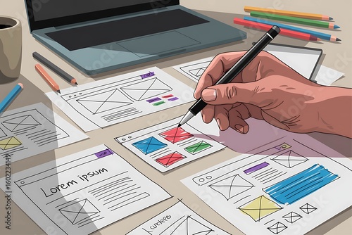 UX Graphic designer planning wireframe layout with website mockups, user interface sketch templates, creative sketch planning application process development prototype wireframe for web mobile phone .