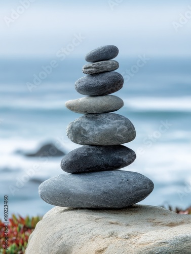 A carefully balanced stack of grey and dark grey stones rests atop a larger rock near a blurred ocean backdrop.  Reddish-green plants are visible in the bottom left corner