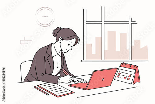 Professional woman working diligently at her desk in a modern office setting while managing tasks and scheduling