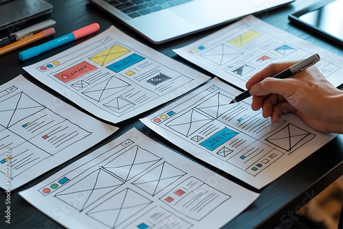 UX Graphic designer planning wireframe layout with website mockups, user interface sketch templates, creative sketch planning application process development prototype wireframe for web mobile phone .