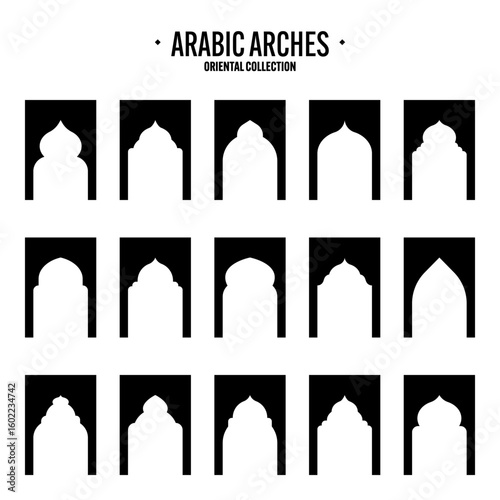 Islamic frames, oriental style objects. Arabic shapes, windows and arches. Traditional ornamental banner, frame. Muslim holidays, Ramadan Kareem. Modern eastern architecture. Vector illustration