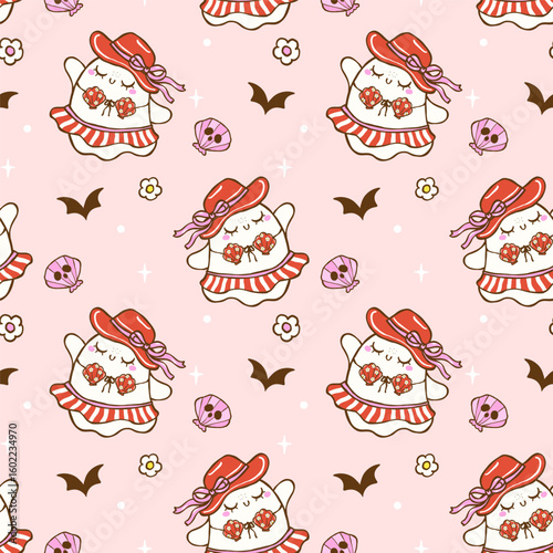 Cute Summerween seamless pattern cute spooky ghost Bikini Summer halloween design for fabric, sublimation, wallpaper