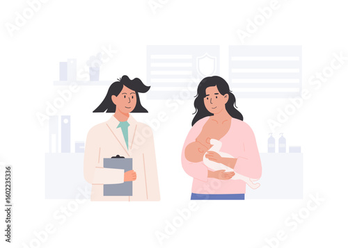 Young breastfeeding mother at clinic appointment with pediatrician, midwife, or lactation consultant. Postnatal health check and breastfeeding support. Flat Style Vector Illustration.