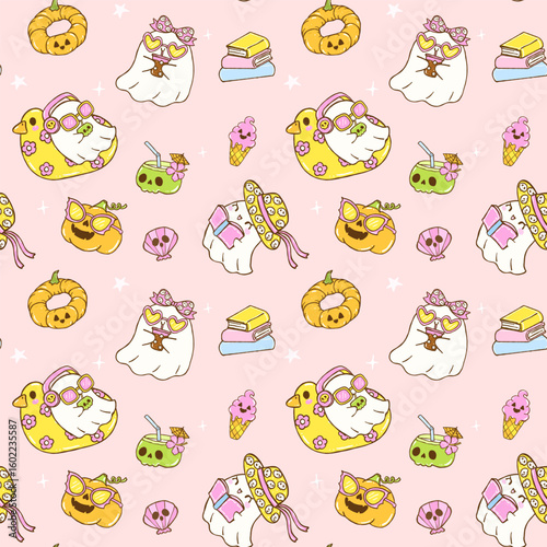 Cute Summerween seamless pattern cute spooky ghost Summer halloween design for fabric, sublimation, wallpaper