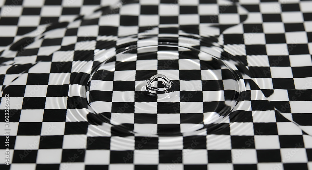 Fototapeta premium Water Drop Ripples on Black and White Checkered Surface, Abstract Visual Effect
