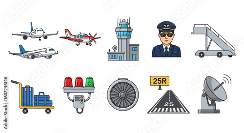 Airport Icons Collection Featuring Aircraft and Pilot