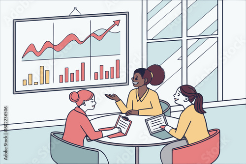 Business meeting with diverse professionals discussing growth strategies and analyzing data in a modern office space during daytime