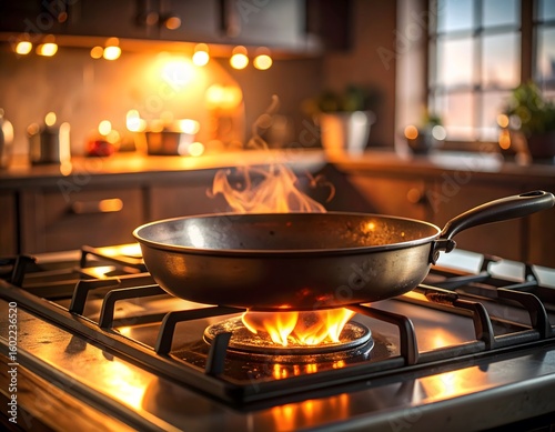 A frying pan sits on a lit gas stove in a warm, inviting kitchen, steam rising from the pan.