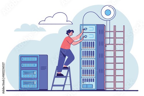Technician working on server maintenance while using a ladder in a modern data center environment during daylight hours