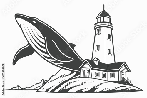 Whale breaching near a scenic lighthouse at oceans edge during a sunny day