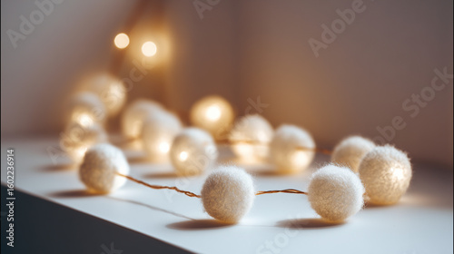 A close up of a string of white cotton ball lights on a white surface in the right corner
