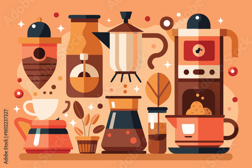 Coffee brewing tools and accessories arranged artistically on a colorful background showcasing different methods and styles of making coffee