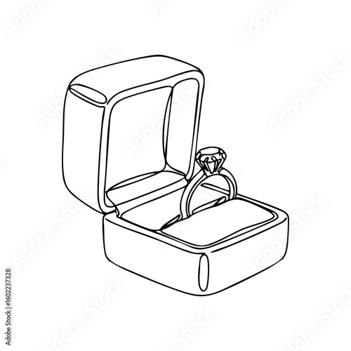 Vector line art of an open ring box with a diamond engagement ring, minimal outline style, ideal for wedding or Bachelorette Party design.