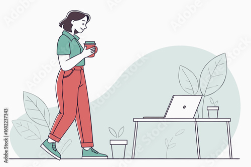 Person walking with coffee towards a laptop on a table in a minimalistic workspace surrounded by plants