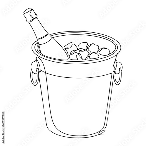 Vector line art of champagne bottle in ice bucket, celebratory icon for weddings and Bachelorette Party themes
