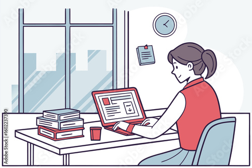 Individual working on a laptop at a desk with books, coffee cup, and window view of a city skyline in a bright, organized workspace during daytime