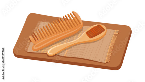 A wooden comb and brush are placed on a beige cloth on a brown tray in a simple illustration