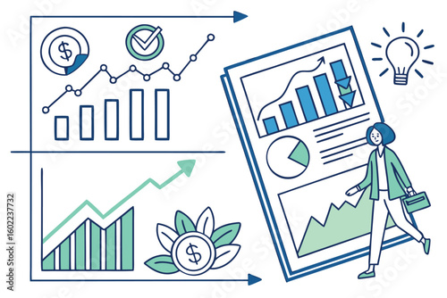 Business growth and development strategies illustrated through graphs and charts accompanied by a professional walking toward success