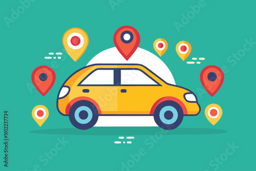 Car parked with location markers around it, showcasing navigation concepts in a modern graphic style