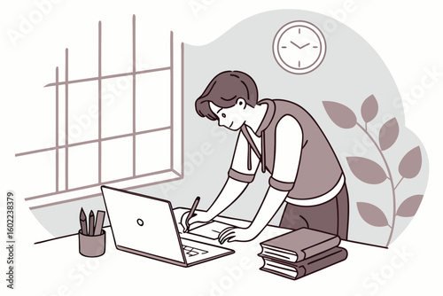 Person studying at a desk with a laptop, notebooks, and books while a clock shows afternoon time