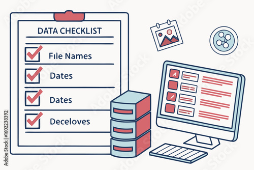 Data checklist with computer setup and organizational elements for efficient file management
