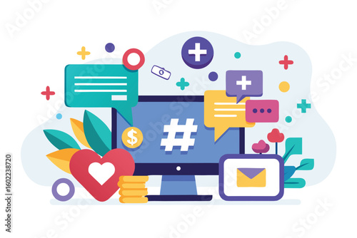 Colorful digital workspace with social media elements representing online engagement and communication strategies for businesses and individuals