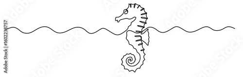 continuous line art of a seahorse swimming on the surface of the ocean.