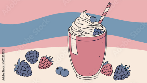 Illustration of a berry smoothie with whipped cream and a striped straw on a wavy background