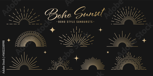 Vintage golden sunburst, sunset beams collection. Boho style, modern minimalist bohemian design. Hand drawn bursting sun, light rays. Logotype or lettering retro design element. Vector illustration
