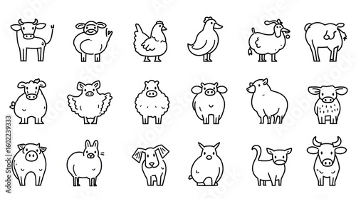 Simple black outline icons of farm animals like cows, pigs, chickens, and goats