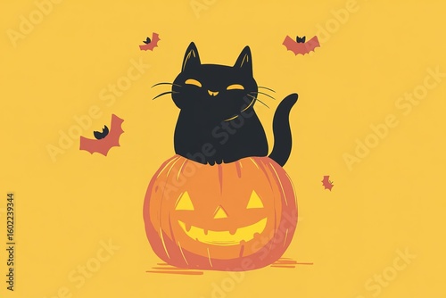 Cute cat sitting above halloween pumkin on yellow background