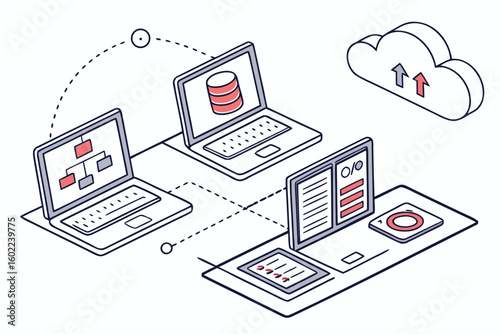 Data management and cloud computing illustration with multiple laptops connected to a cloud server showcasing network architecture and data flow
