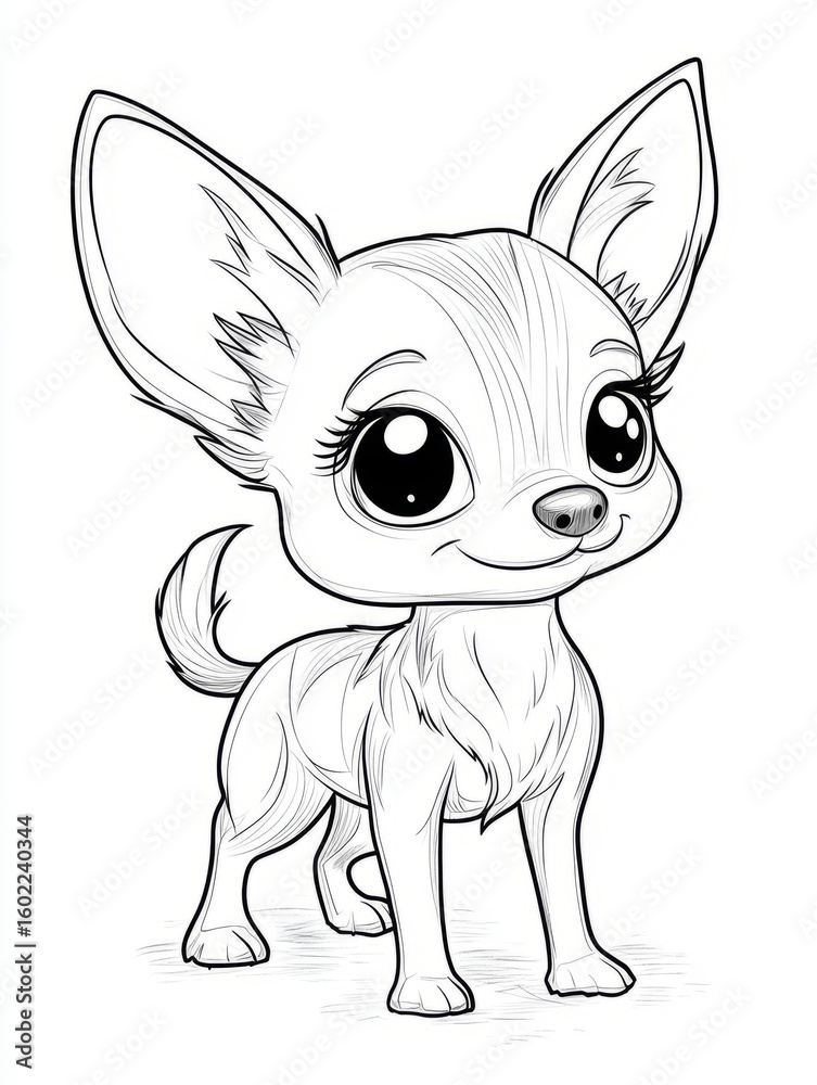 Fototapeta premium Cute cartoon chihuahua illustration with big eyes in black and white.