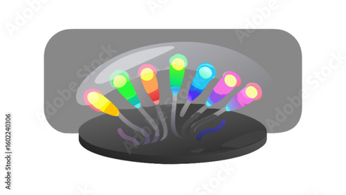 Illustration of a fiber optic lamp with colorful lights on a black base and a gray background shape