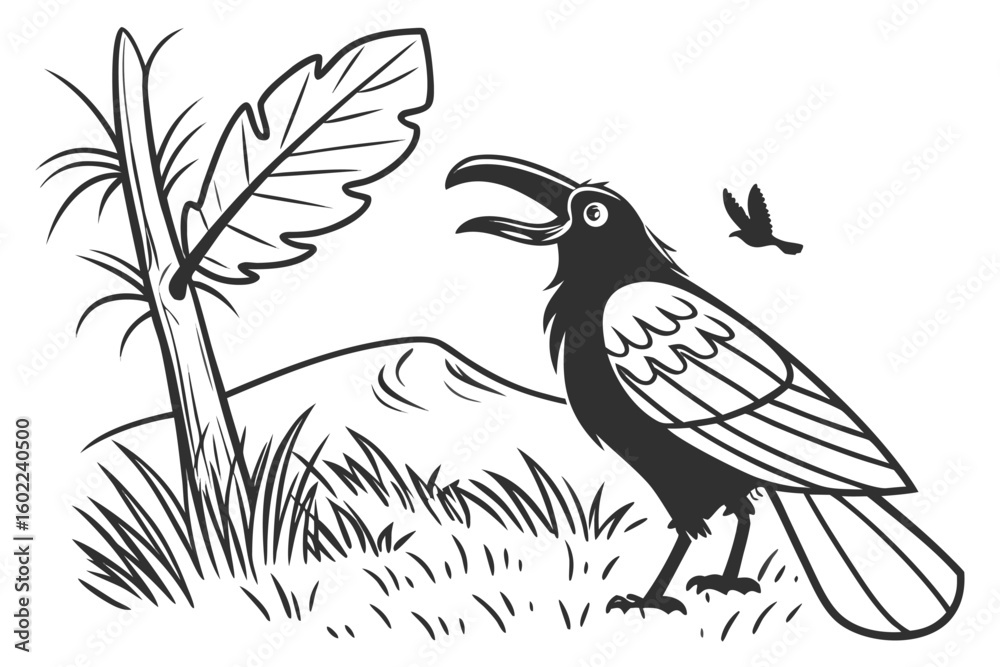 Obraz premium Stylized black and white illustration of a crow perched near a plant against a mountainous background with another bird flying in the distance