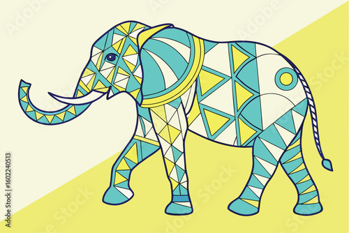 Colorful geometric elephant design showcasing vibrancy and artistic flair with intricate patterns and shapes against a minimalist backdrop